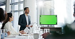 Computer, green screen and businessman with presentation for team in office with financial forecasting. Chroma key, tracking markers and group of finance planners with technology for investment proft