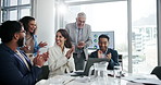 Meeting, applause and business people in office with success, achievement or good news. Happy, clapping and project management with teamwork win, discussion and celebration in workplace boardroom