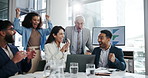 Meeting, applause and business people wow in office with success, achievement or good news. Happy, clapping and project management with teamwork win, discussion and celebration in workplace boardroom