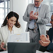 Prize, applause and business people wow in office with success ...