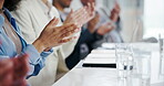 Hands, applause and business people in office with good news, achievement or success. Presentation, clapping hands and project management employees in meeting for celebration in workplace boardroom