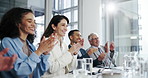 Seminar, applause and business people in office with success, achievement or good news. Presentation, clapping hands and project management employees in meeting for celebration in workplace boardroom