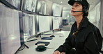 Security guard, surveillance and microphone with woman in office for safety management, evacuation protocol and monitor system. Inspection, technology and computer screen with person in control room