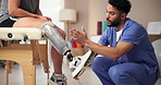 Nurse, robotic legs and patient with physical therapy, help and advice for routine, recovery or healing. Medical, closeup or professional with rehabilitation, healthcare and person with disability