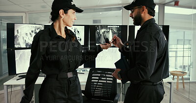 Security guard, surveillance and monitor with man in control room for ...