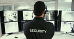 Security guard, surveillance and monitor with man in control room for safety management, evacuation protocol and dashboard system. Inspection, technology and computer screen with person in office