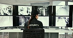 Security guard, surveillance and person in office, screen and watch of footage in computer and camera. Digital, safety and bodyguard of business, monitor and inspection of building in control room