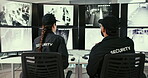 Security guard, surveillance and team in office, screen and watch of footage, people and camera. Digital, safety and protection of business, monitor and inspection of computer in control room