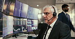 Stock market, mature man or computer in office for trade, foreign exchange or headset for contact. Finance, tech or fintech agent on call for investment, statistics or dashboard on screen for advice