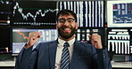Man, face and trading success with computer for stock market, finance increase and investment achievement. Trader, digital or cryptocurrency celebration for winner, profit growth and sale opportunity