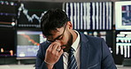 Frustrated businessman, investor and stock market with headache for trading loss or bad investment on foreign exchange. Tired man, broker or trader with screen in stress for crash, risk or plummet