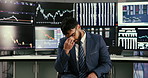 Frustrated businessman, trader and stock market with headache for trading loss or bad investment on foreign exchange. Tired man, broker or investor with screen in stress for crash, risk or plummet