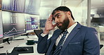 Tired businessman, trader and screen with stock market for trading, bad investment or foreign exchange at office. Frustrated man, broker or investor with stress for crash, risk or plummet on computer