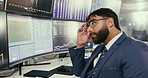 Frustrated businessman, trader and screen with stock market for trading, bad investment or foreign exchange at office. Young man, broker or investor with stress for crash, risk or plummet on computer