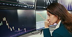 Business woman, thinking and stock market with screen for monitoring exchange, trading or investment at office. Female person, trader or broker looking at candlestick data, profit or loss for finance