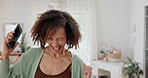 Success, dance or excited woman with phone, surprise alert or good news online in home for giveaway. Wow, omg and happy female person with mobile app bonus, victory or winning results notification 