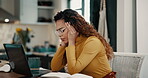 Remote work, headache or woman with pain in home office on laptop with fatigue, burnout or sick. Migraine, tired or African freelancer on computer in kitchen to massage temples for stress or overwork