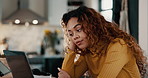 Frustrated, woman and thinking with laptop in home for freelance job, deadline and overtime. Tired, author and exhausted with remote work by tech for fiction novel, storytelling and writers block
