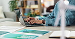 Hands, laptop and typing with business person at desk in office for administration, project or report. Computer, information and research with employee at table in workplace for online productivity