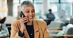 Mature, business woman and phone call for discussion in schedule planning, strategy or office communication. Creative female manager, smartphone and talk by laptop for project research at workplace