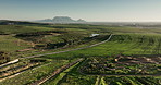 Aerial view, environment and landscape with agriculture, growth and mountains with ecology, outdoor and earth day. Travel, tourism and wallpaper with plants, countryside and empty with sustainability