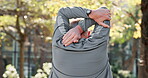 Old man, nature and stretching arms for warm up, runner and training in park for fitness in routine. Male person, back and flexibility for muscle wellness in retirement, forest path and prepare