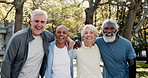 Senior friends, fitness and face at park with hug, care and diversity for training, exercise and wellness in retirement. Elderly women, men and group portrait for workout, excited and smile in Canada