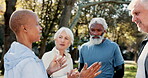 Fitness, senior people and personal trainer in park for planning, brainstorming running route and sport. Elderly group care, woman or discussion in nature for workout, training or advice for progress