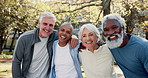 Face, hug and smile of senior friends outdoor in nature for fitness, exercise or training together. Happy, love or portrait with group of old people in forest or park for start of training or workout