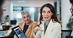 Presentation, team and tablet in office for business, market research and workshop. Woman speaker, tech screen or coaching in workplace for company growth with information on consumer behavior trends