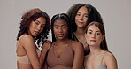 Women, face and underwear in studio for beauty, solidarity and bonding together with hug, unity and smile. Friends, diversity and inclusion on white background for lingerie, empowerment or confidence