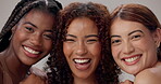 Women, closeup and happy in studio for beauty, solidarity and bonding together with hug, laughing or face. Friends, diversity and inclusion on white background for natural, empowerment and confidence