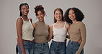 Diversity, hug and face women in studio for support, solidarity and bonding for inclusion. Friends, happy and portrait of people with natural beauty, confidence and wellness on gray background