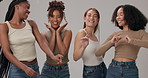 Diversity, dance and face women in studio for support, solidarity and bonding for inclusion. Friends, celebrate and group of people with natural beauty, confidence and wellness on gray background