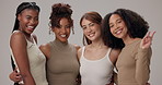 Diversity, happy and face of women in studio for support, solidarity and bonding together. Friends, peace sign and portrait of people with natural beauty, confidence and wellness on gray background