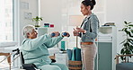 Physiotherapy, weights and person with senior woman for medical service, consulting and wellness. Dumbbells, healthcare and female with mature patient for physical therapy, rehabilitation or mobility