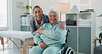 Physiotherapist, senior woman and happy in wheelchair for mobility therapy, rehabilitation or support in clinic. Medical portrait, physiotherapy and old patient for wellness consultation and laughing