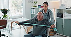 Physiotherapist, stretching band and senior man with exercise for strength, healing or recovery. Physiotherapy, wheelchair and person with disability for mobility assessment, muscle or rehabilitation