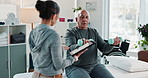 Tablet, weights and physical therapist with senior man for online report, consulting and wellness. Dumbbells, healthcare and person with mature patient for physiotherapy, rehabilitation or mobility