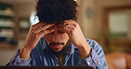 Remote work, businessman and tired with laptop for research, proofreading and stress for story angle. Freelancer, male journalist and publication with headache for typing, editing or article deadline