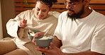 Couple, eating and breakfast on bed in home for nutrition, healthy meal or bonding on holiday. Morning, people and food in bedroom with porridge, talking or relax for wellness, brunch or conversation