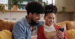 Phone, laugh and couple on sofa in home for online celebrity gossip, social media or website blog. Relax, gen z and young man and woman reading entertainment news on cellphone in living room at house