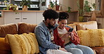 Phone, relax and couple on sofa in house for online celebrity gossip, social media or website blog. Happy, gen z and young man and woman reading entertainment news on cellphone in living room at home