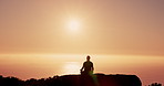 Person, yoga and silhouette on mountain by sunset sky with mindfulness, peace and mockup space in nature. Breathing, sunshine and outdoor on cliff with zen balance, meditation or ocean in New Zealand