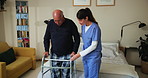 Nurse, help and walker with old man in retirement home for physiotherapy, support or osteoarthritis. Healthcare, occupational therapy and rehabilitation assistance with person with a disability