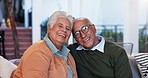 Face, smile and senior couple in home for bonding, support or laughing for marriage commitment. Portrait, happy man and woman in retirement with love, care and loyalty for relationship in living room