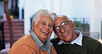 Face, happy and senior couple in home for bonding, support or laughing for marriage commitment. Portrait, man and woman smile in retirement for love, care and loyalty for relationship in living room