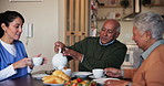 Assisted living, breakfast or tea with caregiver and old couple in dining room of home together. Diet, food or nutrition with happy nurse woman and senior people eating in apartment together