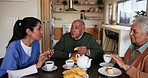 Assisted living, breakfast or conversation with nurse and old couple in dining room of home together. Diet, food or nutrition with happy caregiver woman and senior people talking in apartment