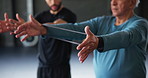 Gym, stretching and personal trainer with senior man for training, exercise and cardio for workout. Sports, resistance band and coach with mature person for wellness, health and fitness for mobility